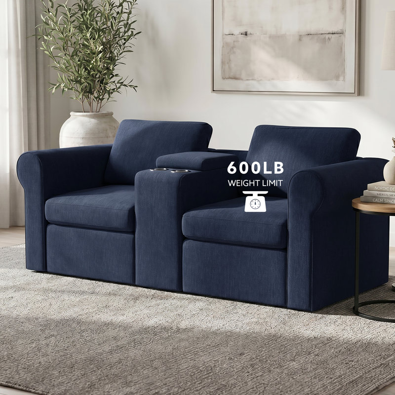 Causeuse modulaire à accoudoirs roulés 2 places 76,5 po avec console de rangement Lockheart, Bleu