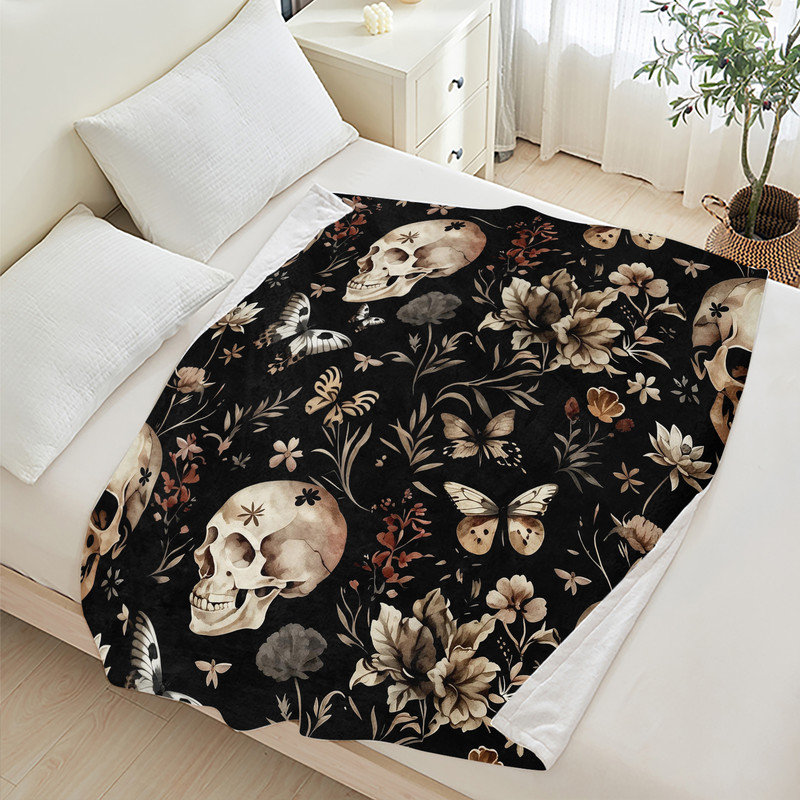 Jeté en flanelle JYK Halloween, Skulls Butterflies Floral