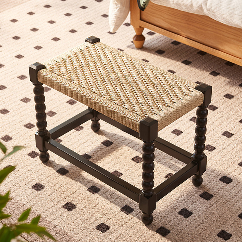 Beige Black Solid Wood Linen Bench