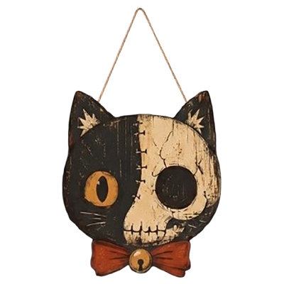 Décoration d'Halloween : Panneau suspendu en bois vintage avec des chats noirs, ornement mural rustique, décoration de porte effrayante pour la maison, décoration de porte d'entrée pour une fête d'Halloween