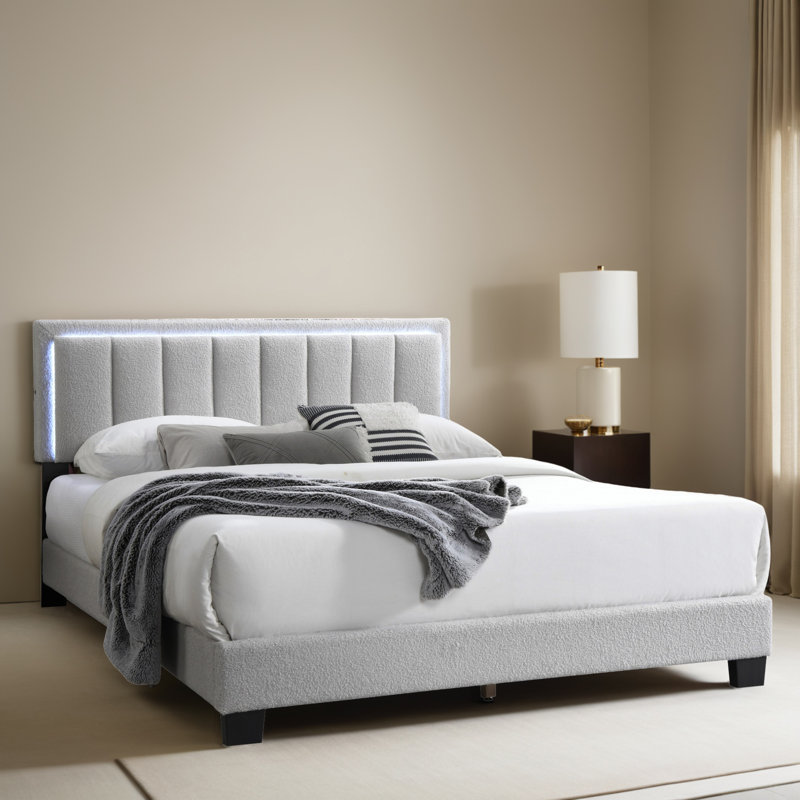 Queen Size Upholstered Platform Bed Frame, Light Gray