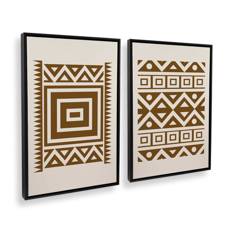 Ensemble de 2 motifs tribaux modernes en brun Moderen, H 19 po x l 26 po, Cadre flottant noir satiné