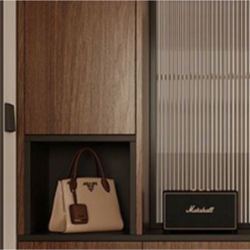 Solid wood, light luxury entryway cabinet with a rounded corner design at the entrance; the integrated shoe cabinet is built into the wall to save space and is extremely versatile.