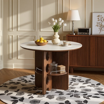 Table de salle à manger ronde 35,5 po avec tablette de rangement, plateau en pierre frittée mate et base en bois aggloméré noyer pour 2 à 4 personnes
