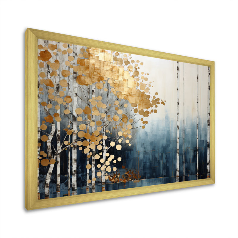 Minimalisme bleu et forêt dorée - art mural forêt, H 30 po x l 40 po x P 1,5 po, Cadre doré simple