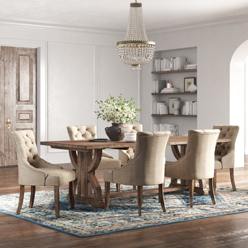 Aldrina 6 - Person Trestle Dining Set, Beige Linen