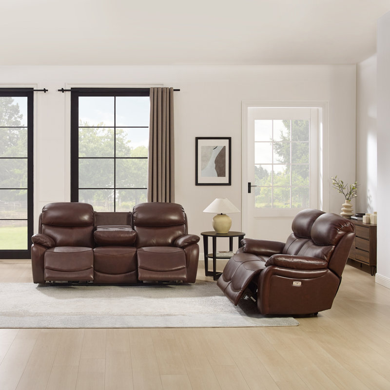 2 - Piece Power Reclining Top Grain Leather Living Room Set With USB & 2 Cup Holders On Back Cushions, Brown