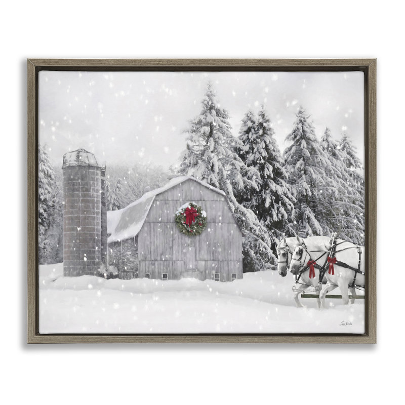 «Snowy Barn & Horses» par Lori Deiter, Cadre flottant orme Montalcino, H 25 po x l 31 po