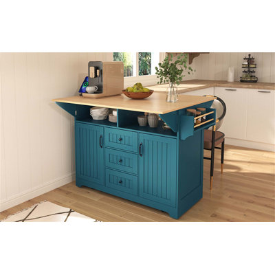 Grand îlot de cuisine 55,7 po avec 2 abattants, chariot de cuisine roulant sur 5 roulettes avec prise de courant, table de salle à manger pliante avec porte-épices et porte-serviettes, 3 tiroirs, pour la cuisine, la salle à manger, vert