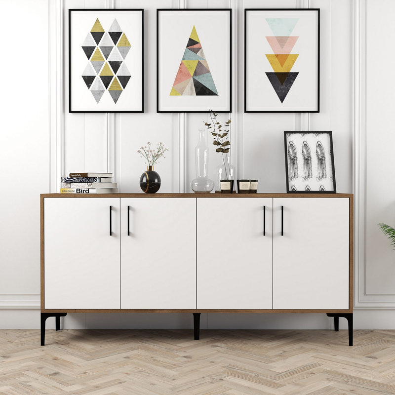 Modern Console Table with Metal Legs & Plastic Handle, Walnut & White Finish, 63.0 x 30.7 x 13.8 inches | 100% Melamine Coated Particle Board | Numerous Shelves for Additional Storage, Stylish & Functional Design