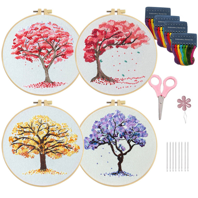 4 pièces / ensemble de matériel de bricolage, ensemble de bricolage, motif d'arbre, point de croix, peinture de table avec cadre suspendu 11,7 po, A4