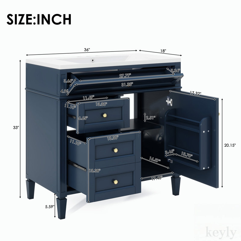 Meuble-lavabo simple 36 po avec plateau en céramique Dimitilde, Bleu