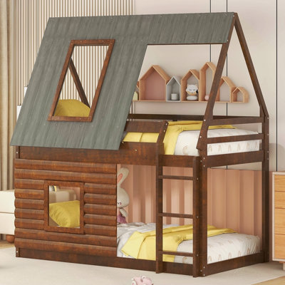 Lit superposé simple en bois avec toit, échelle et 2 fenêtres