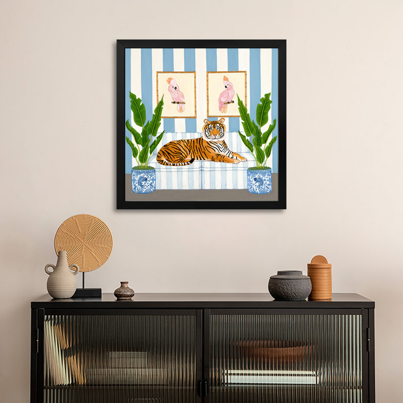 Tigre chinois avec pots à gingembre et cacatoès roses, affiches de qualité supérieure, H 24 po x l 24 po