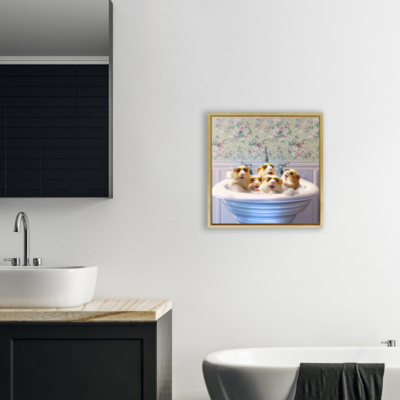 Guinea Pigs Sink Floating Frame, design by Jim Baldwin, 18" H x 18" W, Metallic Gold Floater Frame