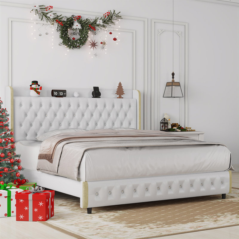 Wingback upholstered platform bed frame with galaxy projector, diamond button headbaord, usb charger, music speaker, Crème