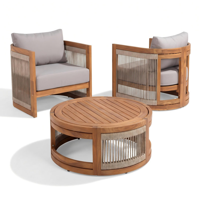 Ensemble de salle à manger d'extérieur en bois d'acacia rustique moderne avec chaises en corde tissée et table à lattes ronde d'yahir