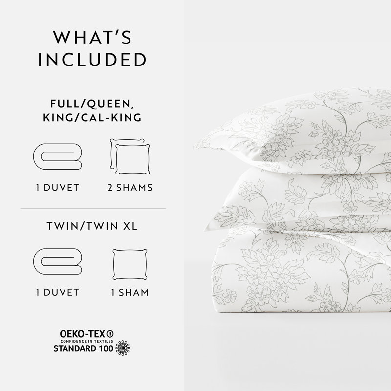 Gray Floral Microfiber Queen Duvet Cover Set with Pillow Shams