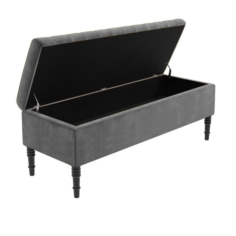 Paris Striped Ottoman Storage Bench - Upholstered Plush Velvet Shoes Bench with Black Turned Wooden Legs, Grey