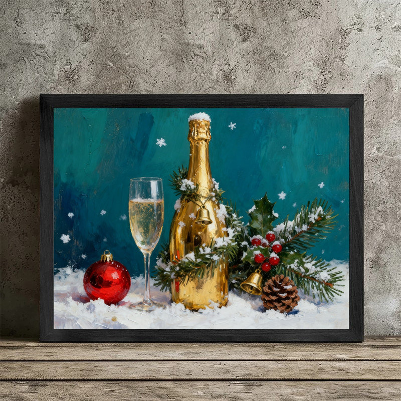 Cadre noir, peinture à l'huile champagne, art mural, décor festif de luxe, H 25 po x l 37 po