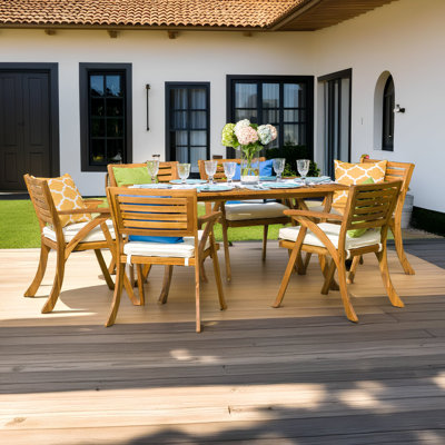 7-Piece Outdoor Dining Set – Teak-Finished Acacia Wood with Cream Cushions (All-Weather, Family-Sized, Transitional Style)