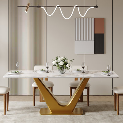 71'' Modern Rectangle Dining Table, Marble Kitchen Table with Gold Stainless Steel Base -  Brayden Studio®, 527DEB7B9DFC4A608290834113BD7D32