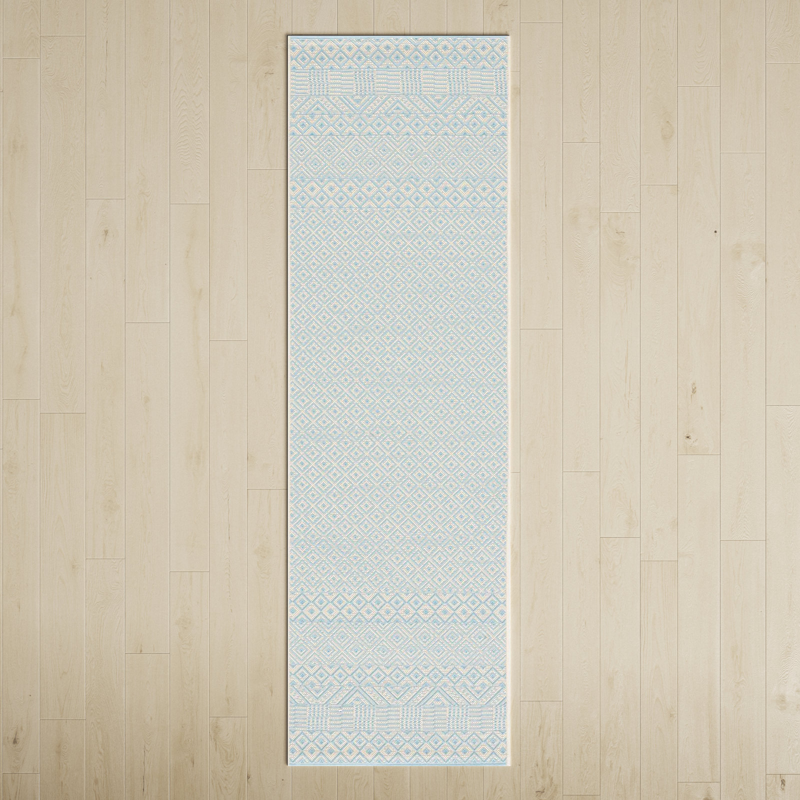 Lenwood Beige Aqua Geometric Outdoor Rug, Runner 2'3" x 12'