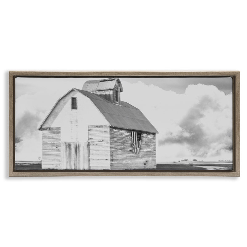 Toile flottante encadrée «USA Drapeau on Barn» par Milli Villa, Cadre flottant orme Montalcino, H 14 po x l 31 po