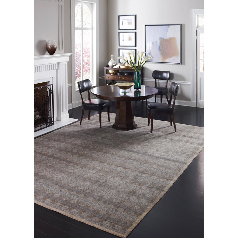 Tapis bleu / gris en laine noué à la main Otterson, Rectangle 6 pi x 9 pi