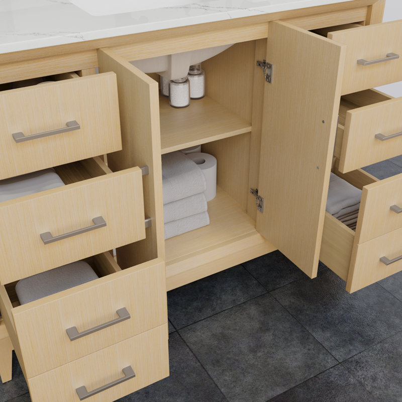 Janna 42" Freestanding Single Bathroom Vanity with Quartz Top, Brushed Nickel, Giotto Quartz, 8" Centers
