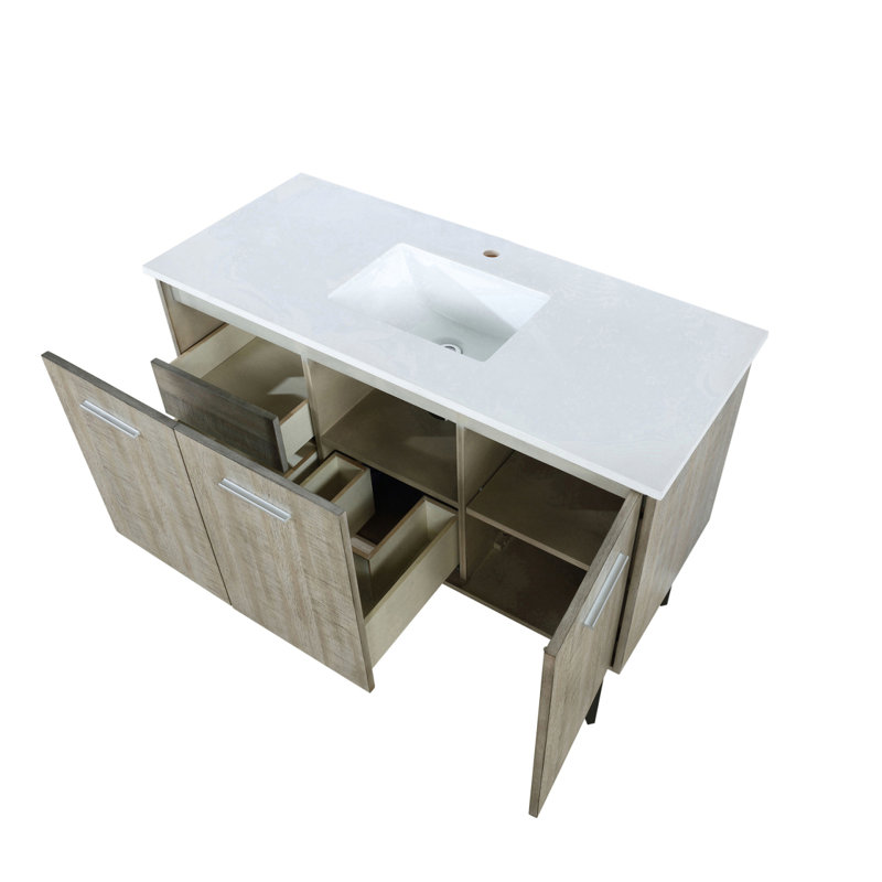 Meuble-lavabo rustique en acacia 48 po X P 20 po D, avec plateau en quartz blanc