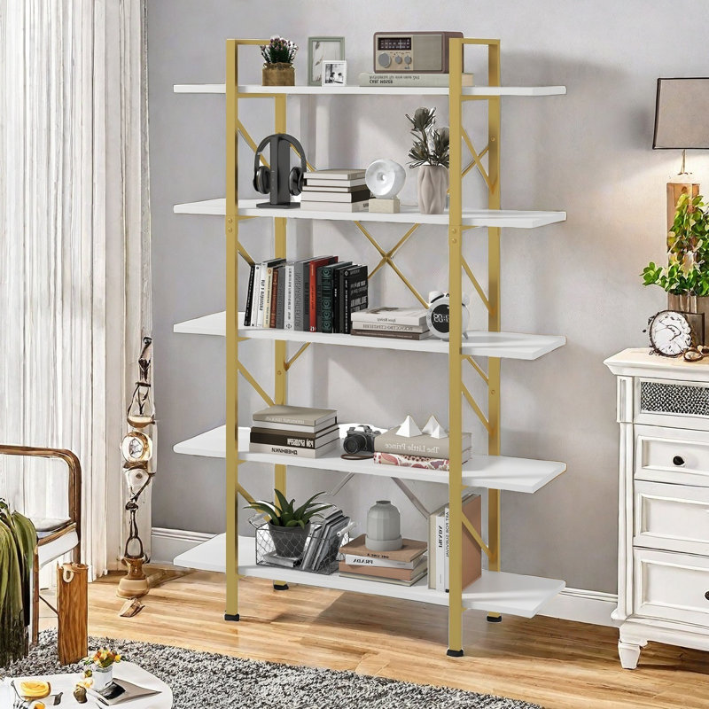 Gold and White 71"H 5-Tier Metal Frame Bookcase