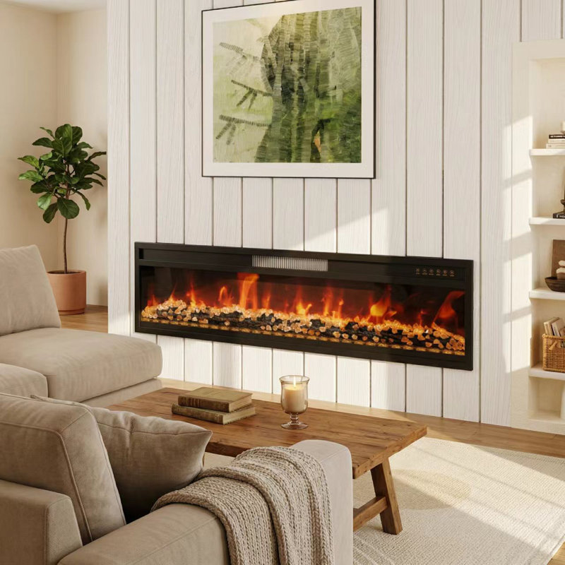 Modern Electric Fireplace - 1500W Heater, 12 Color LED, Remote Control, With Crystal & Log Set, Adjustable Temperature & Brightness