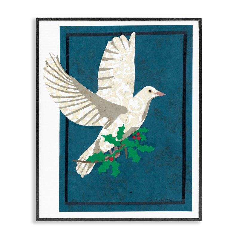 Colombe de Noël avec houx, estampe numérique, conception de Nancy Overton, H 14 po x l 11 po, Giclée encadrée noir minuit