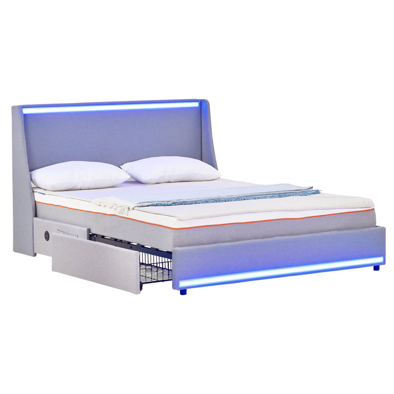 Queen Size Storage Platform Bed with Charging Station and Smart Control RGB LED Lights, Gray Upholstered Bed Frame with Storage Drawers, USB & Type-C Charging Ports, Soft Linen Padded Headboard, 2 Under-Bed Storage Drawers, No Box Spring Needed