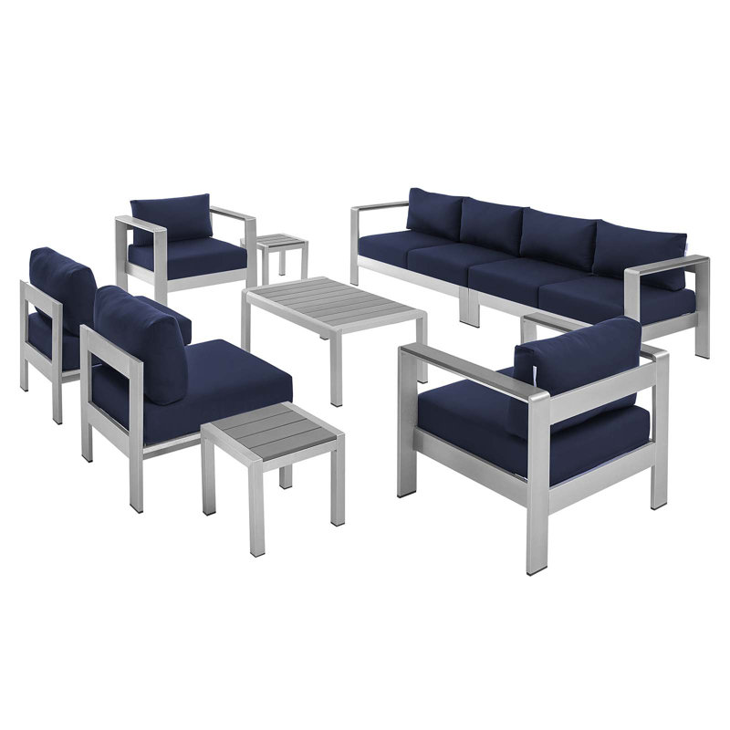 Shore Sunbrella Outdoor Patio Aluminum 9 Piece Sectional Sofa Set, Navy Sunbrella®