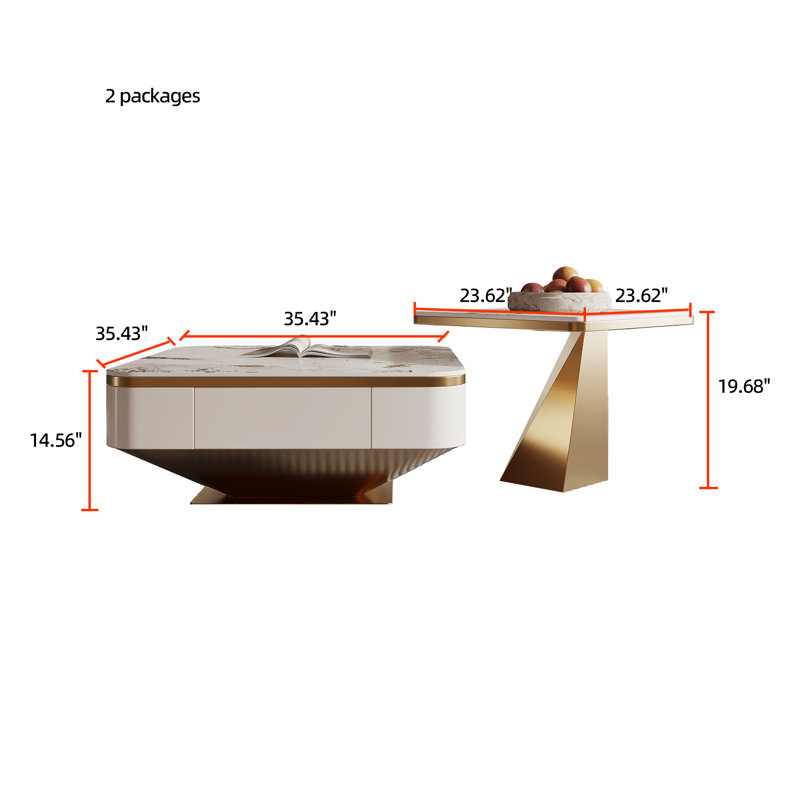 Luxury No Assembly Needed 2-Piece Coffee Table Set with Gold Base Storage Drawer Cofee Table for Living Room