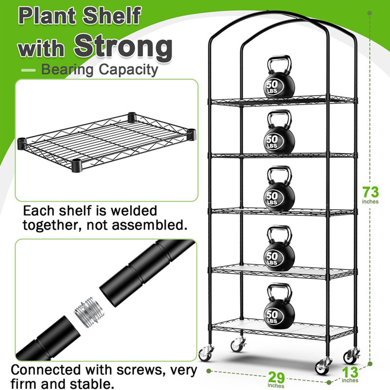 5-Tier Portable Mini Greenhouse Plant Rack with Thick PVC Cover, Metal Plant Stand for Seed Trays, Seedling Pots & Flower Pots, 13" x 29" x 73"