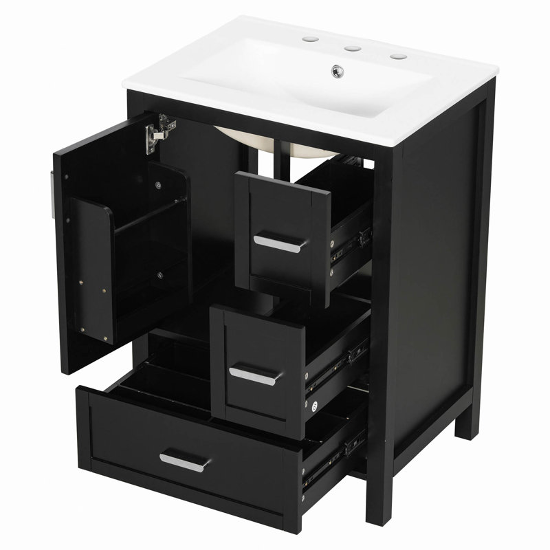 Meuble-lavabo moderne de 24 po avec lavabo en céramique, porte à fermeture douce, tablette de porte à double couche et 3 tiroirs