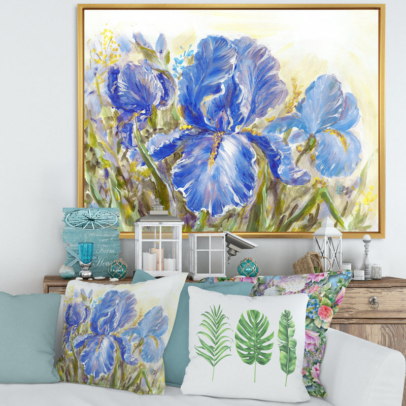 Iris Blossoming Flowers - peinture sur toile, H 12 po x l 20 po x p 1 po, Toile encadrée d'or