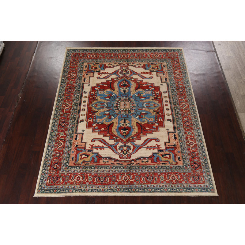 Tapis ivoire en laine noué à la main de conception unique 8 pi 0 po x 9 pi 9 po