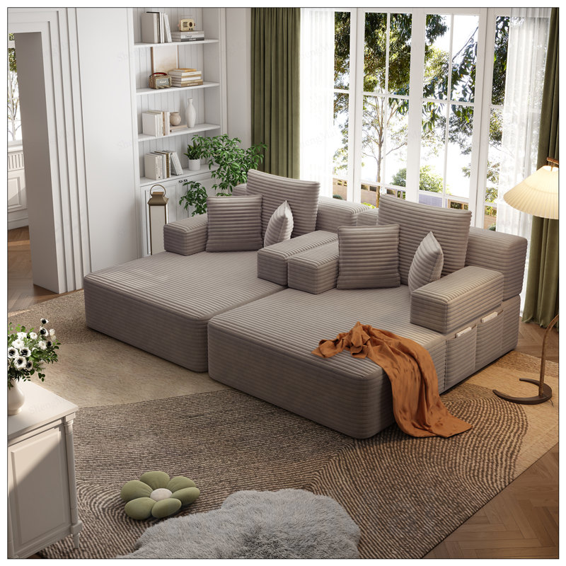 Ensemble 2 pièces surdimensionné de méridienne double, luxueux canapé-lit en velours côtelé moelleux avec 6 coussins et pochette de rangement pour les petits espaces, le cinéma maison et le salon