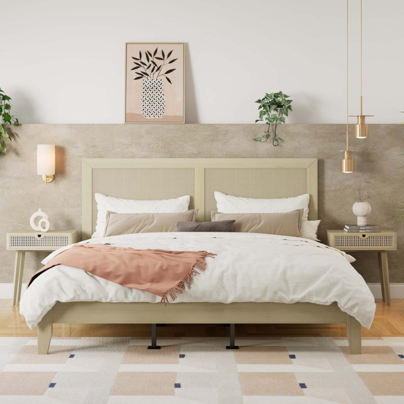 Behre Woven Rattan Cane Solid Wood Bed, King