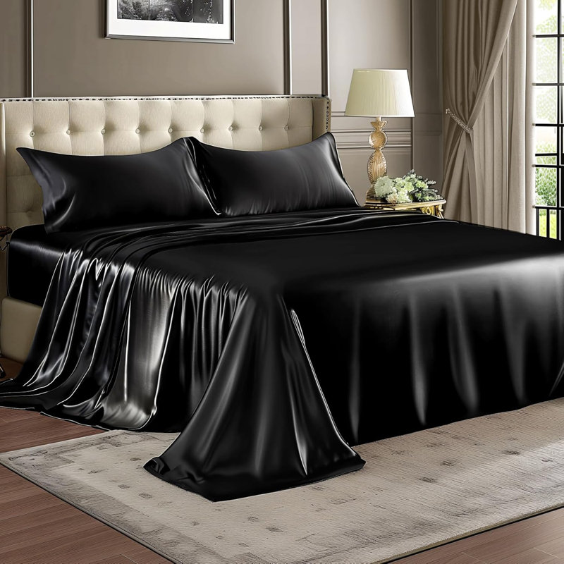 Satin Sheets Full Size Bed Set, Luxury Soft Black Silky Sheets For Hair And Skin, Similar To Silk Bed Sheets Set 4 Pieces With 1 Deep Pocket Fitted Sheet, 1 Flat Sheet, And 2 Pillowcases