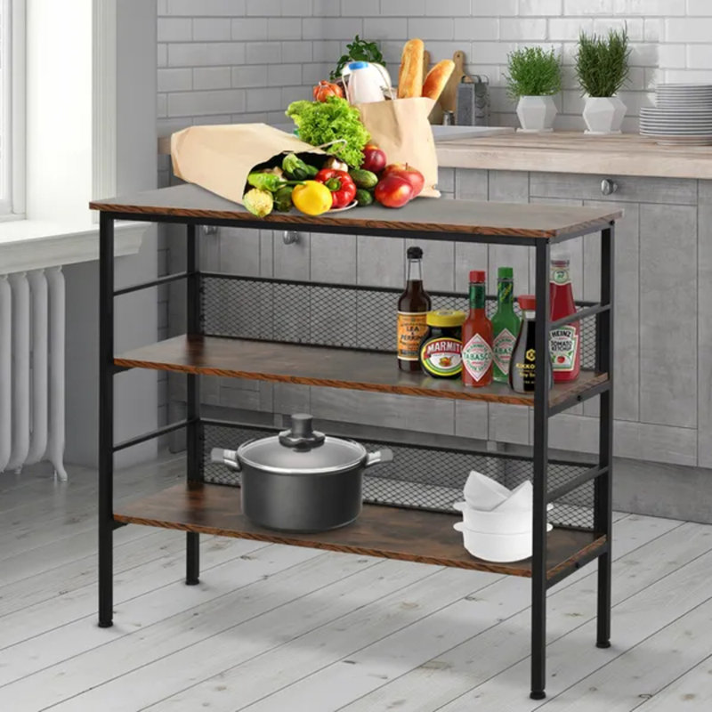 Black Industrial 3-Tier Metal Wood Console Table