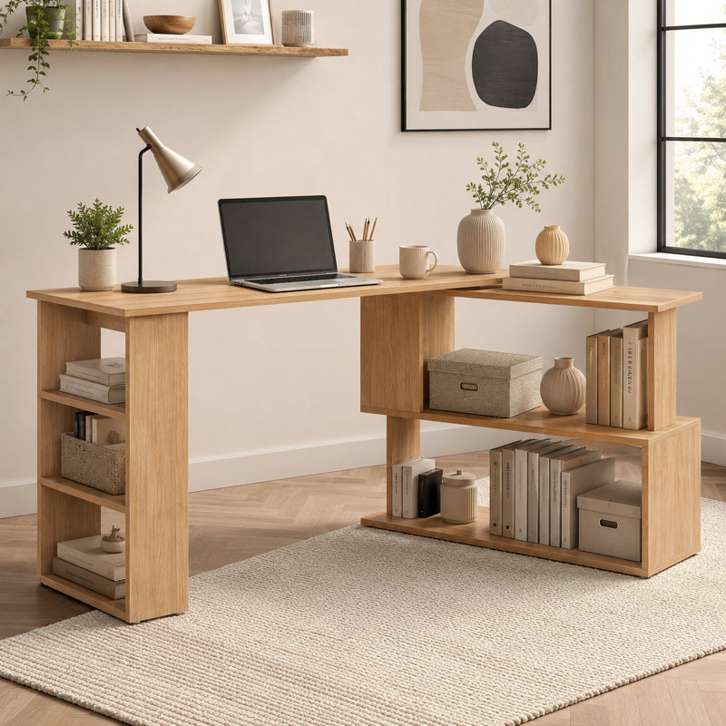 Bureau d'angle en érable rotatif à 360 degrés en forme de L avec tablettes de rangement - un bureau d'ordinateur / bureau d'écriture.
