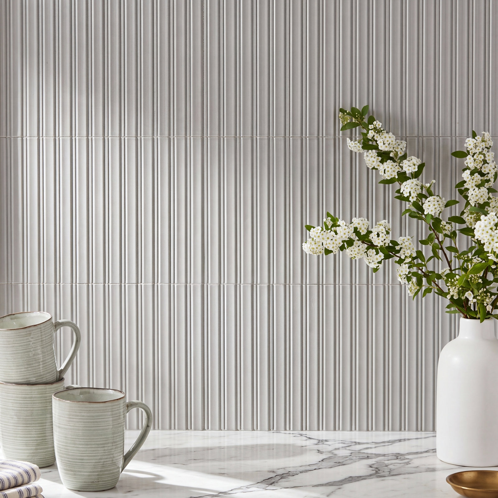 Nimbus 7" x 16" Fluted Porcelain Wall Tile, Moonlit Silver