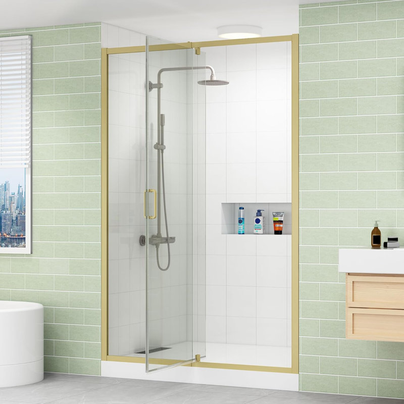 Porte de douche sans cadre l 44 à 48 po x H 76 po avec verre trempé transparent de 1/4 po, Or brossé