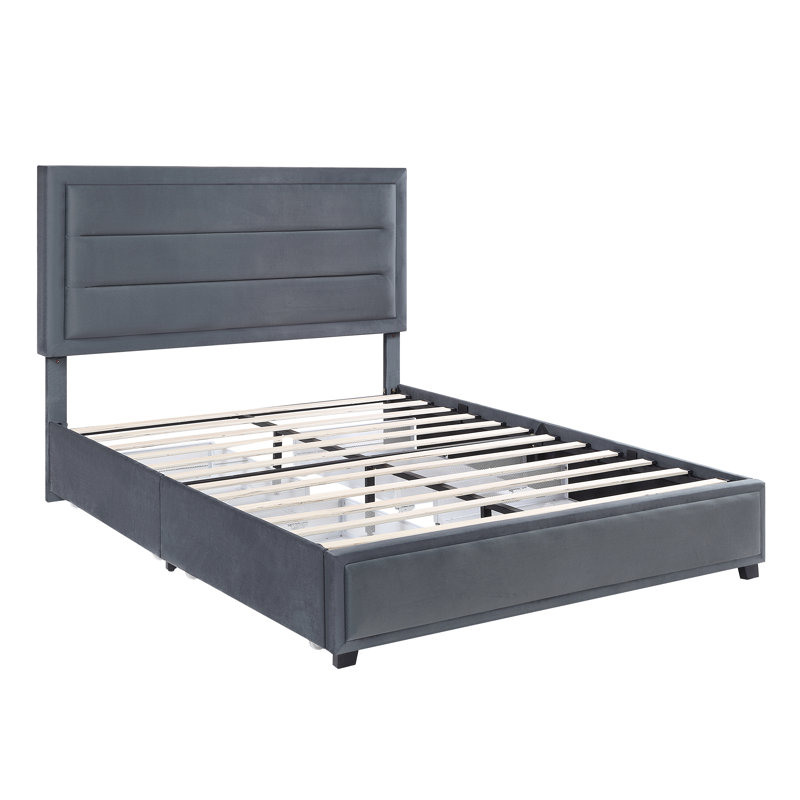 Lit plateforme tapissier avec rangement, Double, Gris
