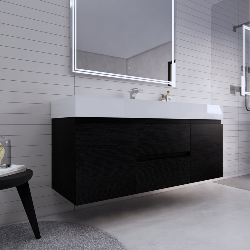 Ensemble de meuble-lavabo mural simple 59 po Babajide, Chêne noir riche
